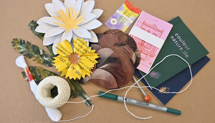 Sur une table sont disposés des herbiers, un feutre, de la ficelle et des fleurs en papier, pour illustrer l'atelier Éclore en papier.